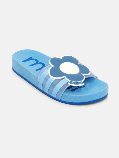 Blue Girl's Slide Flip Flop with Flower Patch