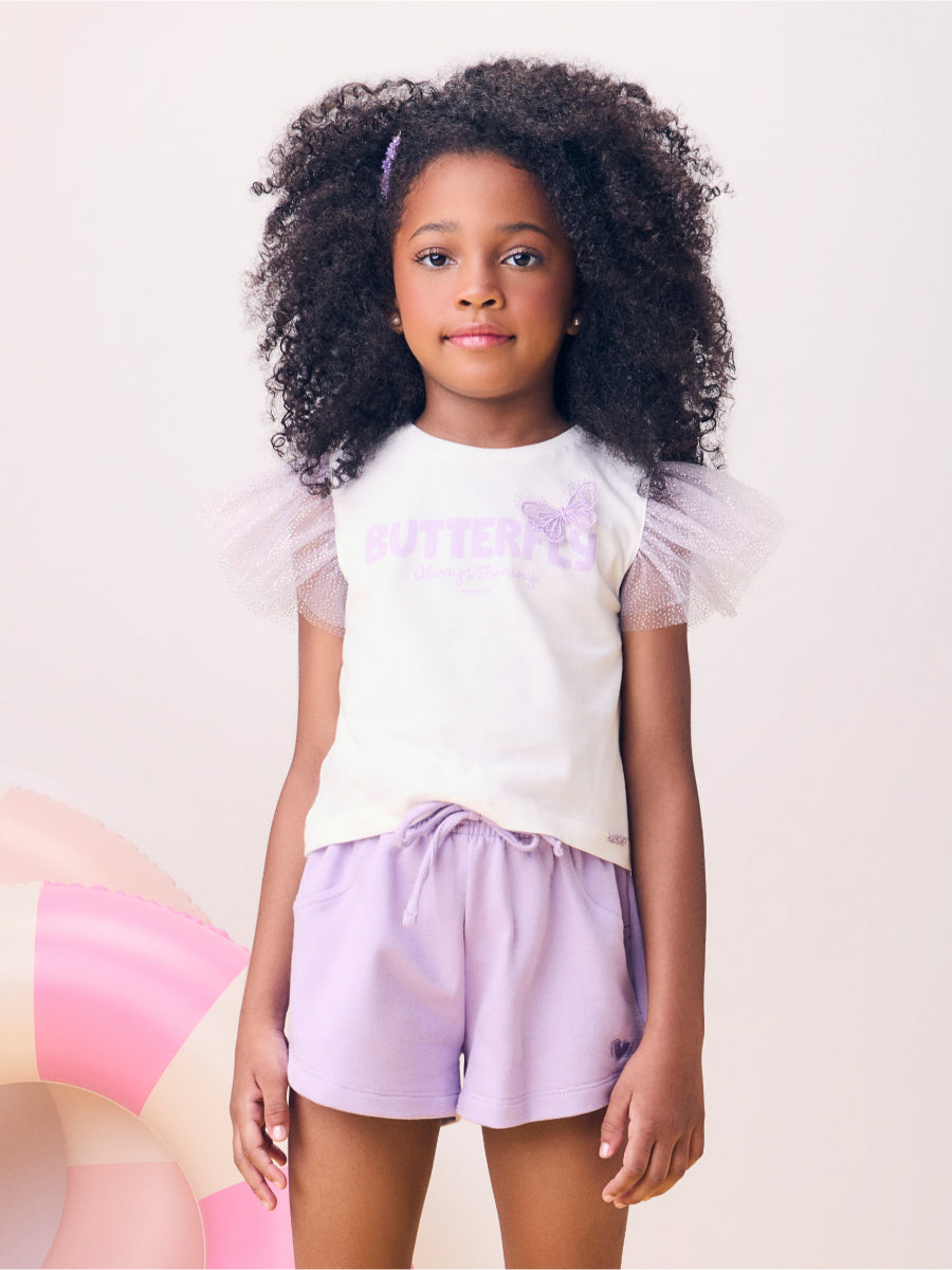 Off Blouse with Sleeves in Lilac Tulle