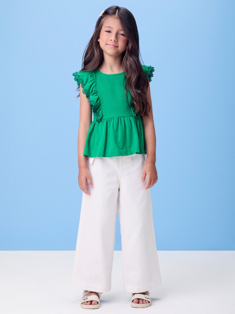 Green Blouse with Floral Ruffle