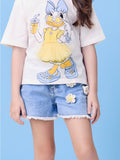 Jeans Shorts with Little Flower Appliqué