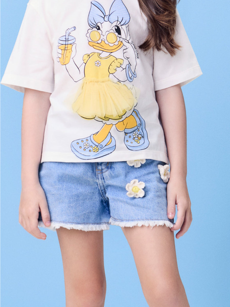 Jeans Shorts with Little Flower Appliqué