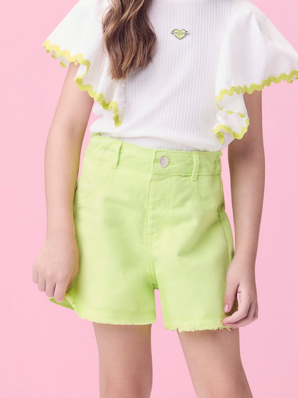 Melon Green Frayed Twill Shorts