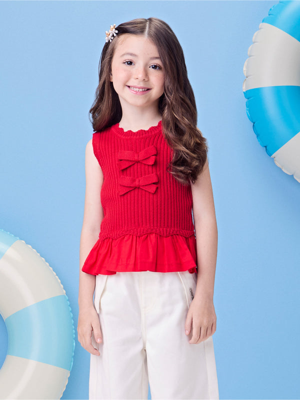 Red Knit Blouse with Bows