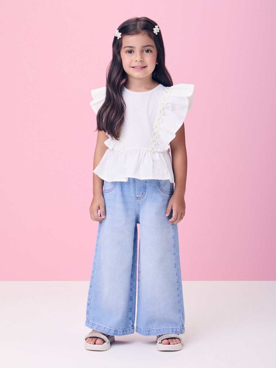 Off White Tricoline Blouse with Ruffles