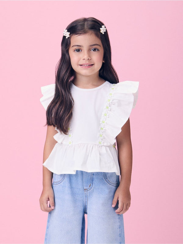 Off White Tricoline Blouse with Ruffles