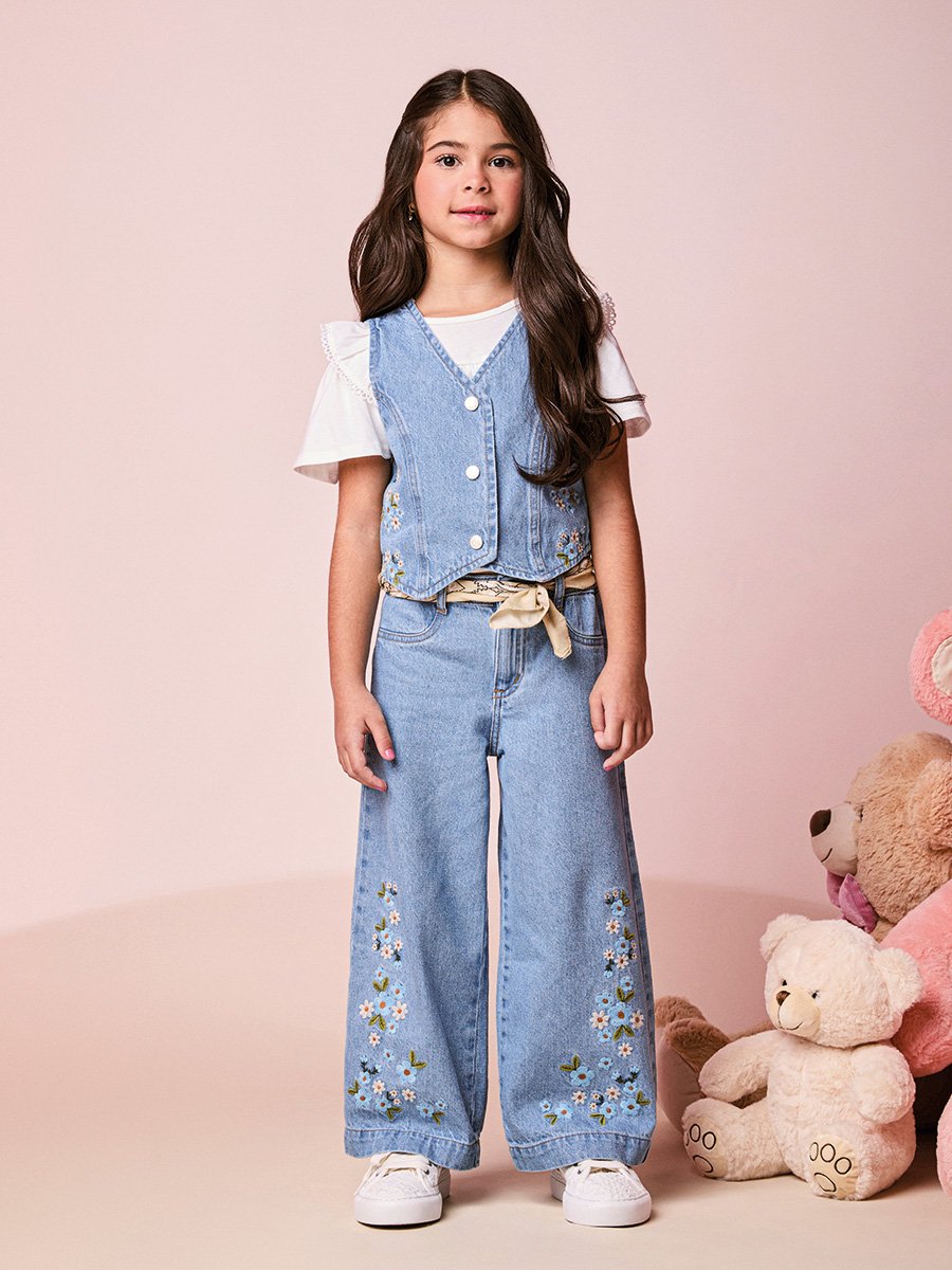 Girls Denim Vest with Floral Embroidery