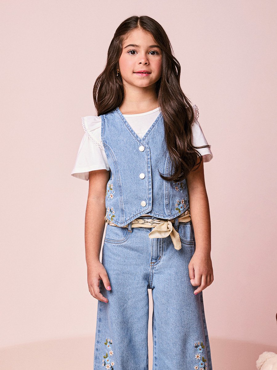 Girls Denim Vest with Floral Embroidery