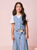Girls Denim Vest with Floral Embroidery