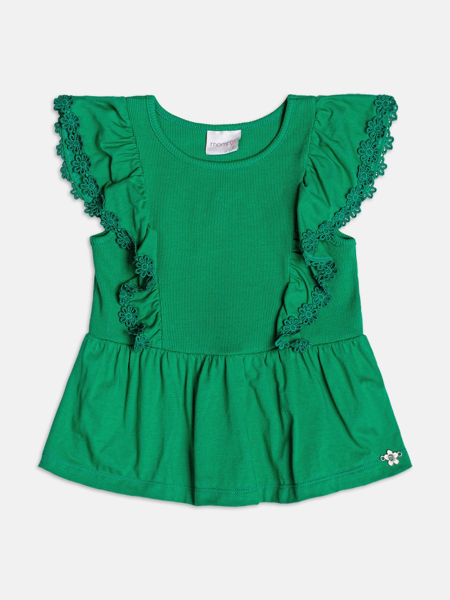 Green Blouse with Floral Ruffle