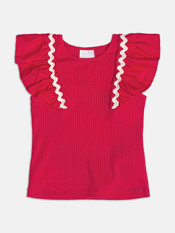 Red Ribbed Blouse with Ruffles