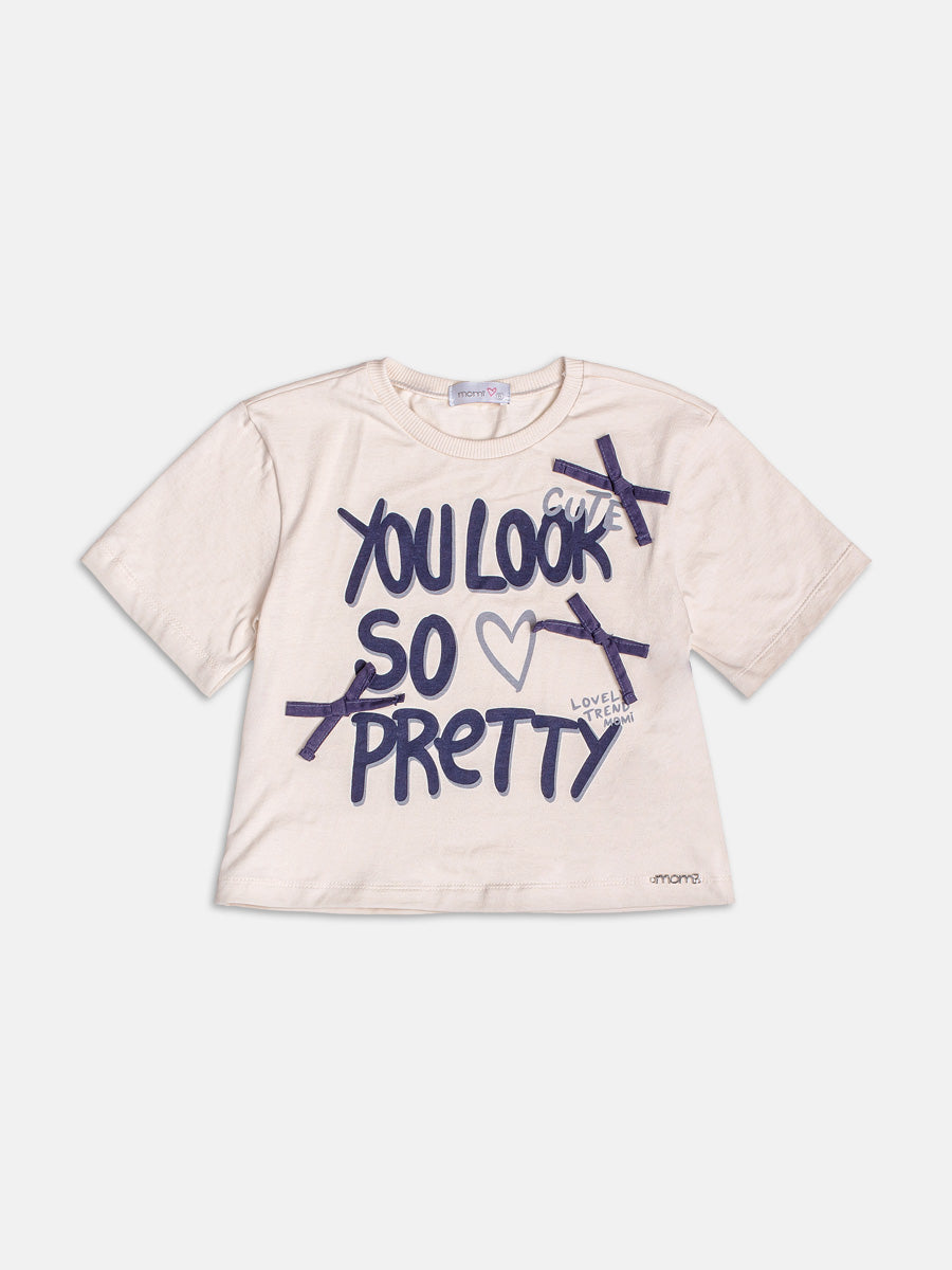 Beige Lettering Blouse with Bows