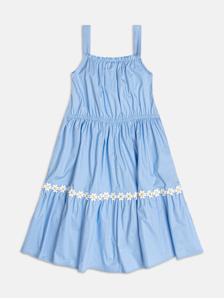 Blue Tricoline Dress with Daisies