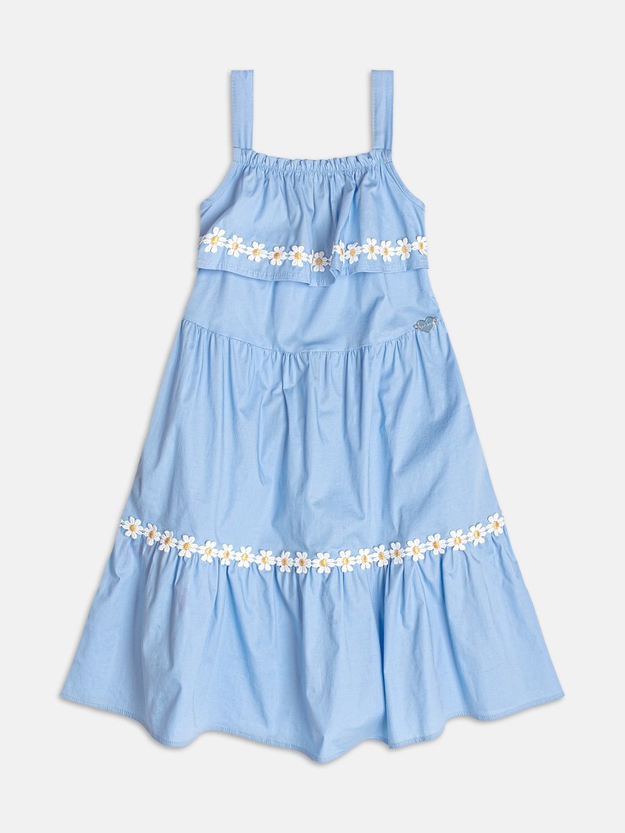 Blue Tricoline Dress with Daisies