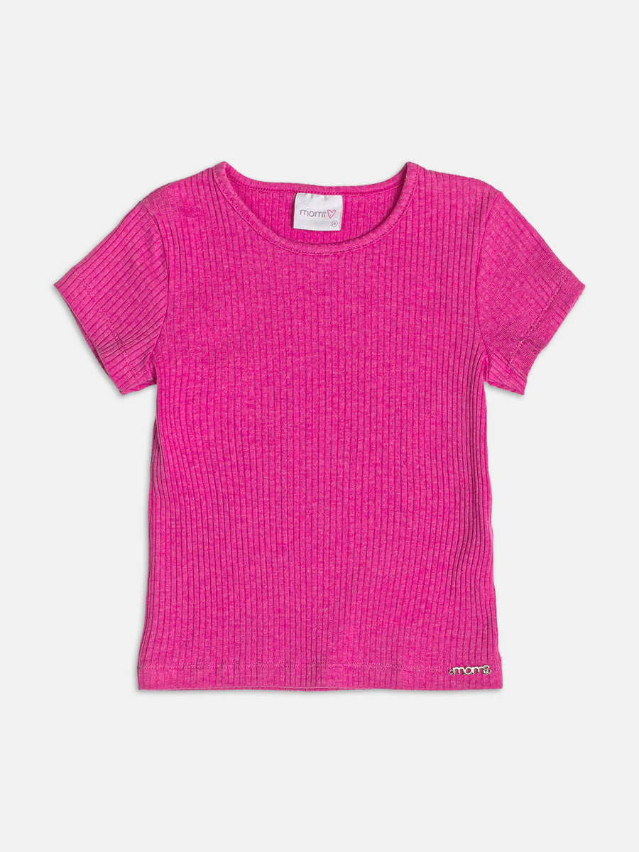 Pink Ribbed Short Sleeve Blouse