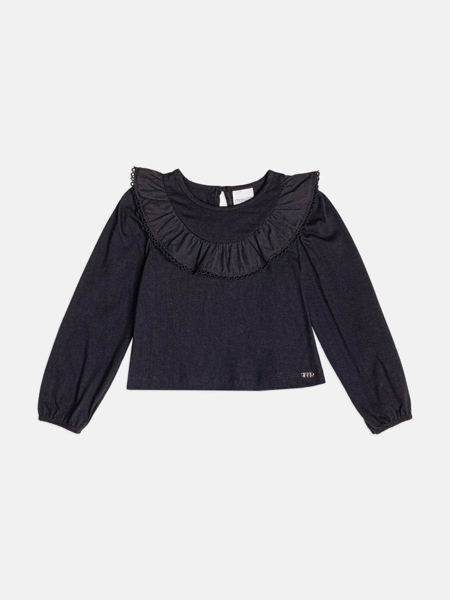 Momi Girls' Top – Black with Ruffle and Renda