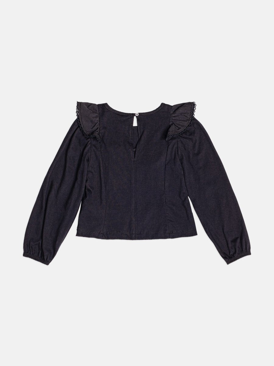 Momi Girls' Top – Black with Ruffle and Renda