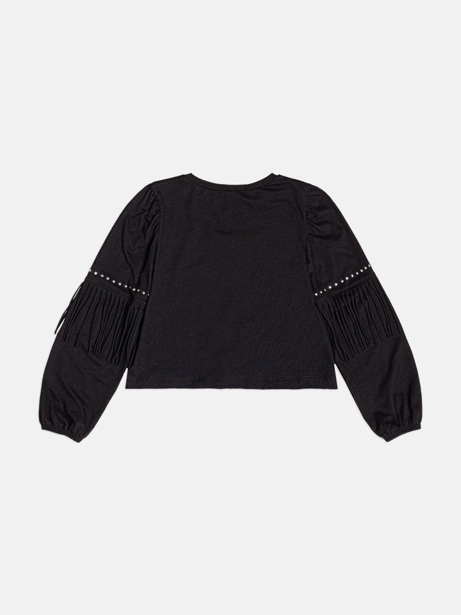 Momi Girls' Top – Black Fringe with Rhinestones
