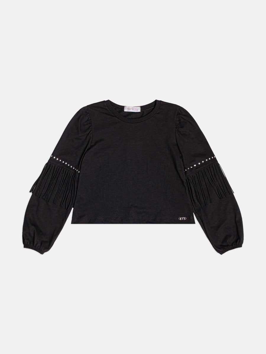 Momi Girls' Top – Black Fringe with Rhinestones