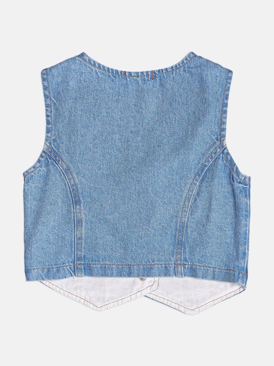Girls Denim Vest with Floral Embroidery