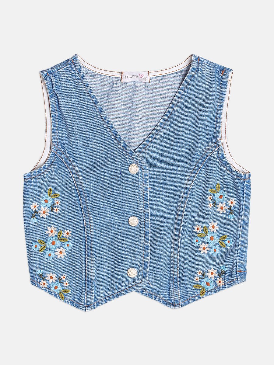 Girls Denim Vest with Floral Embroidery