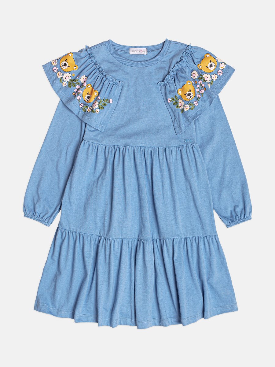 Girls Blue Dress with Teddy Bear Ruffle