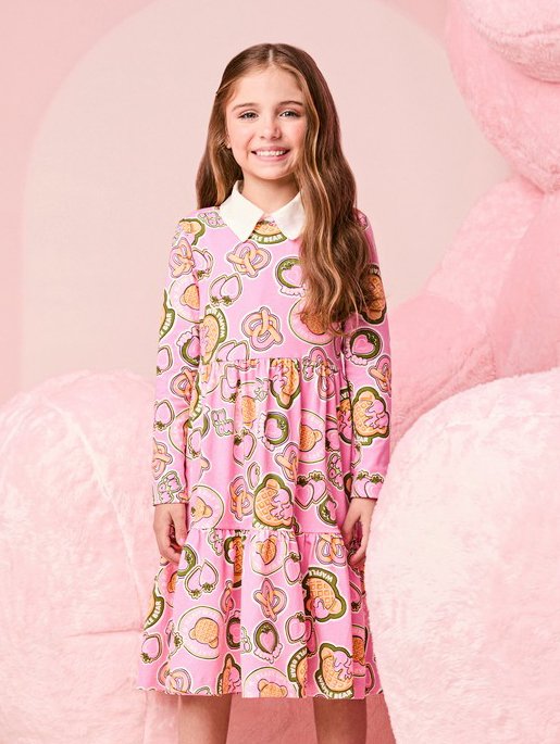 Children's Dress for Girls with Waffle Bear Print