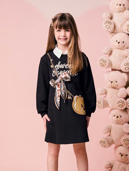 Momi Girls' Dress – Fleece with Little Bear Purse