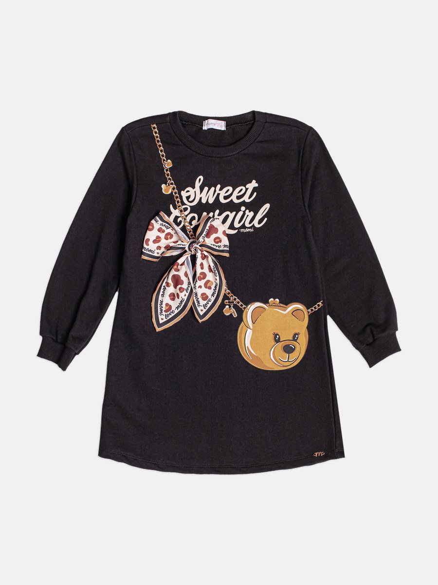 Momi Girls' Dress – Fleece with Little Bear Purse