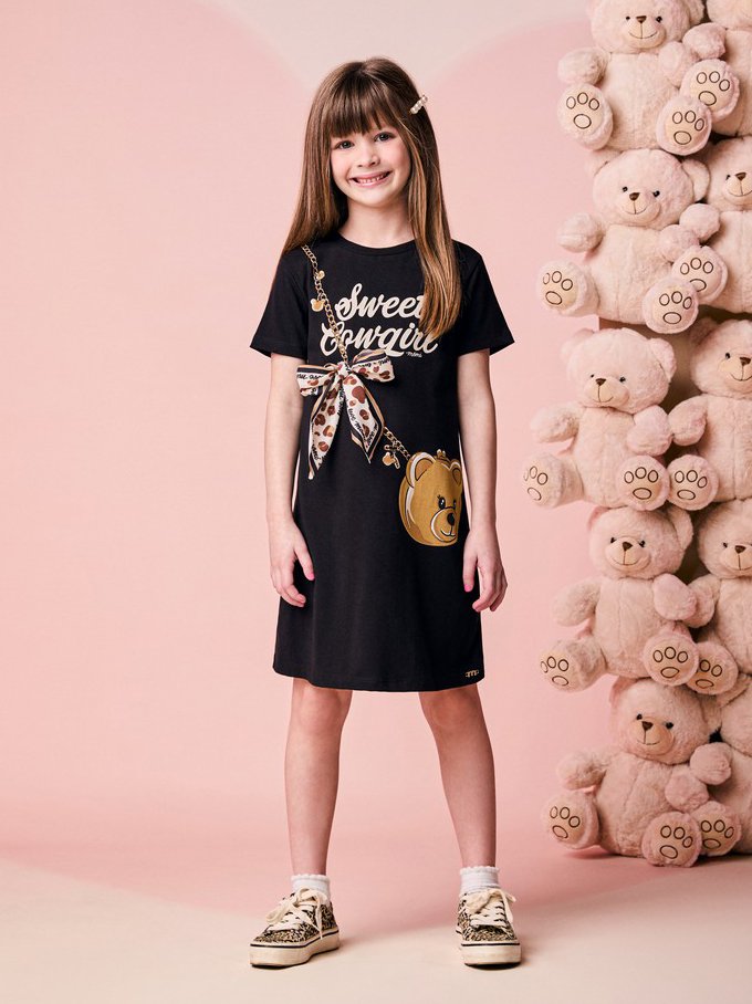 Children's Girl's Short Sleeve Dress with Teddy Bag