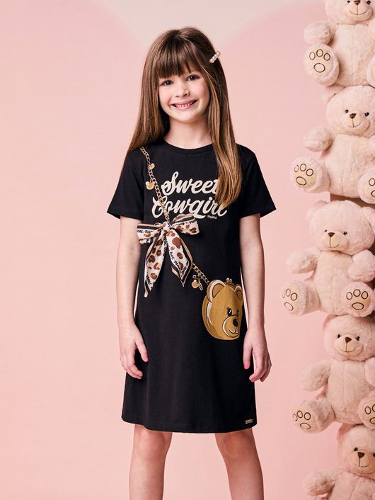 Children's Girl's Short Sleeve Dress with Teddy Bag