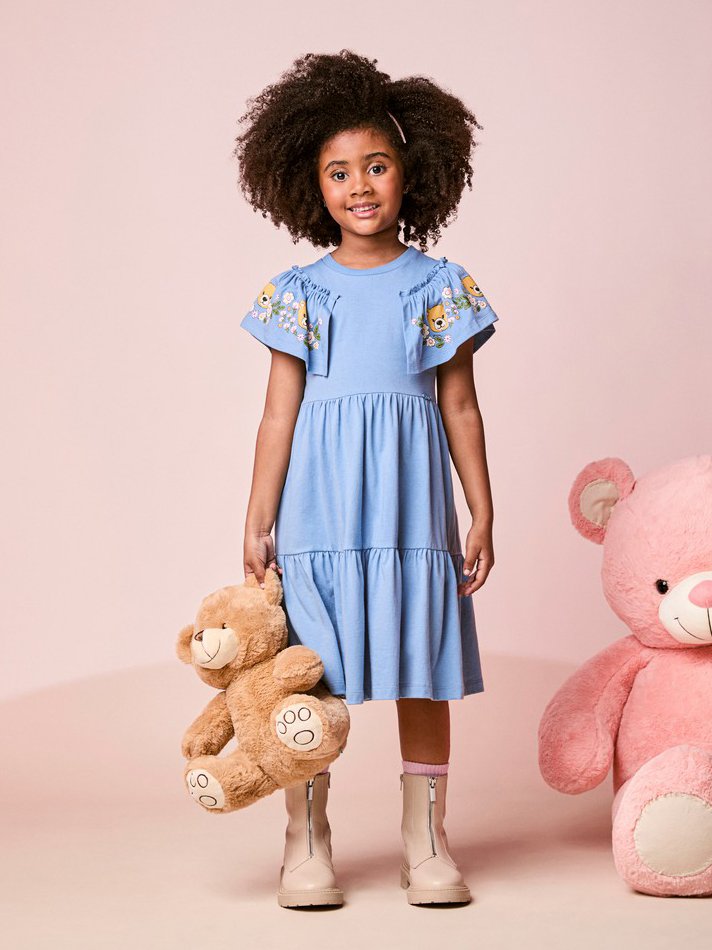 Children's Girl's Short Sleeve Teddy Bear Dress with Ruffles