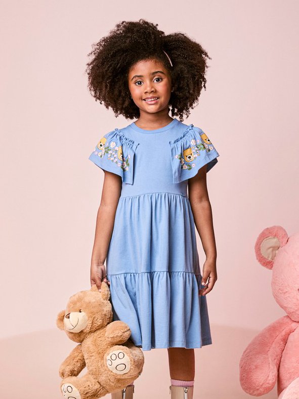 Children's Girl's Short Sleeve Teddy Bear Dress with Ruffles