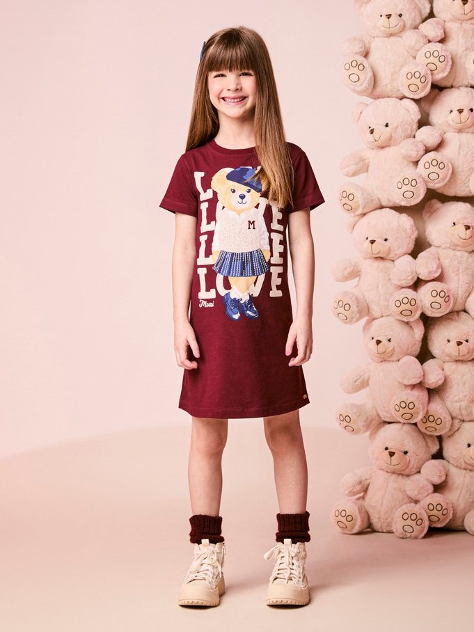 Children's Girl's Short Sleeve Teddy Bear Dress with Rhinestones