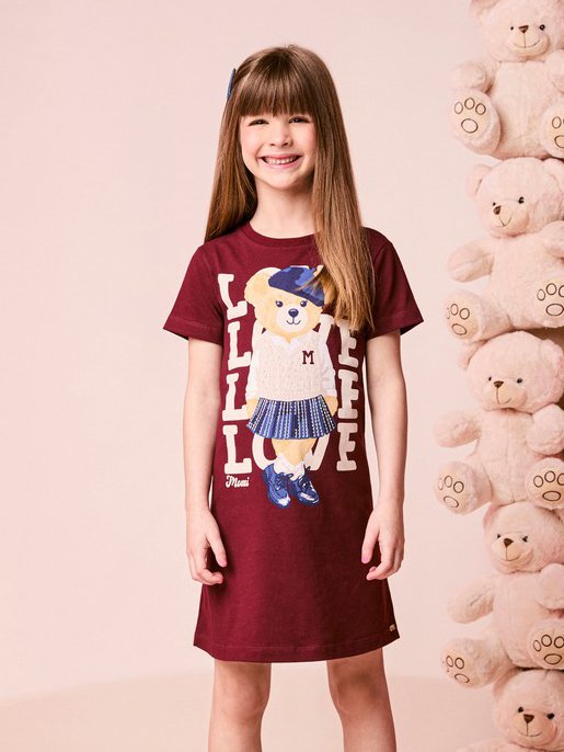 Children's Girl's Short Sleeve Teddy Bear Dress with Rhinestones