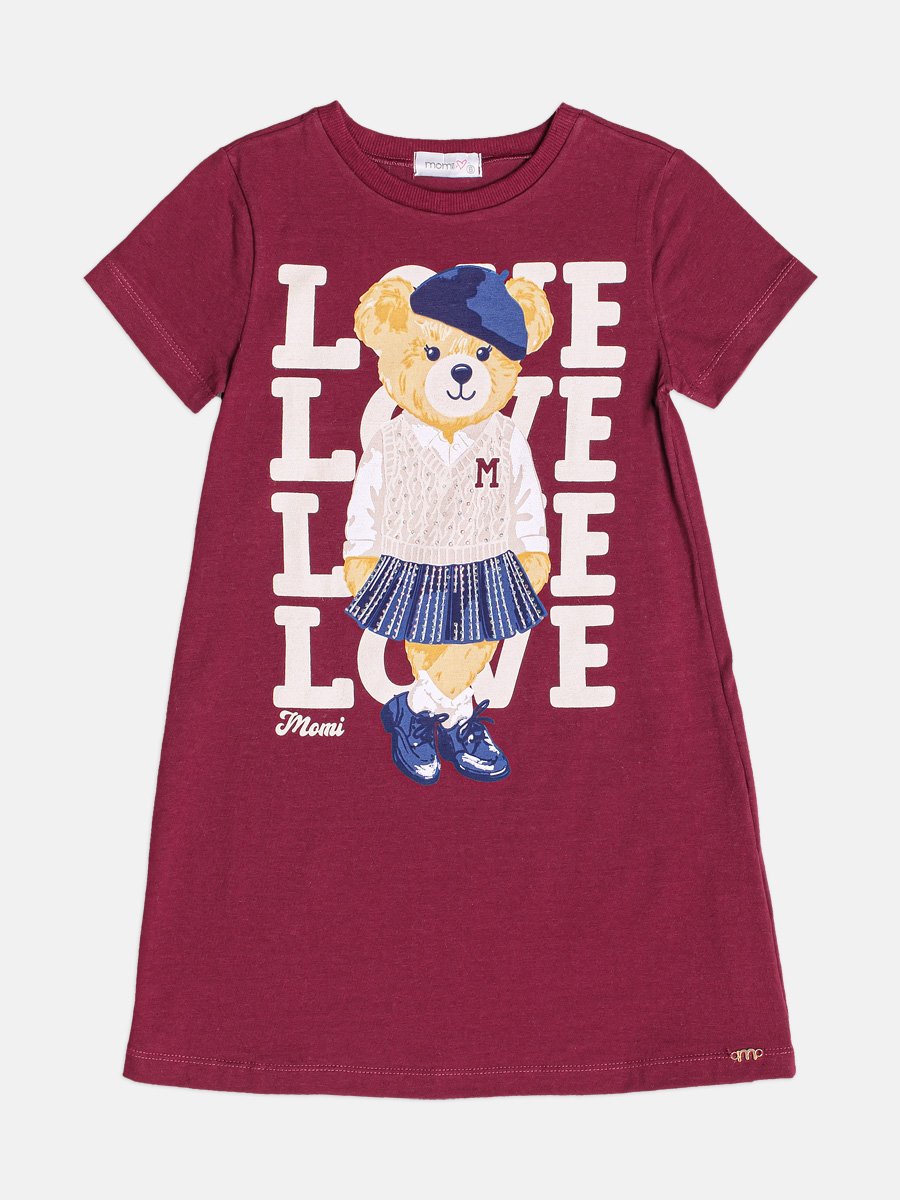 Children's Girl's Short Sleeve Teddy Bear Dress with Rhinestones