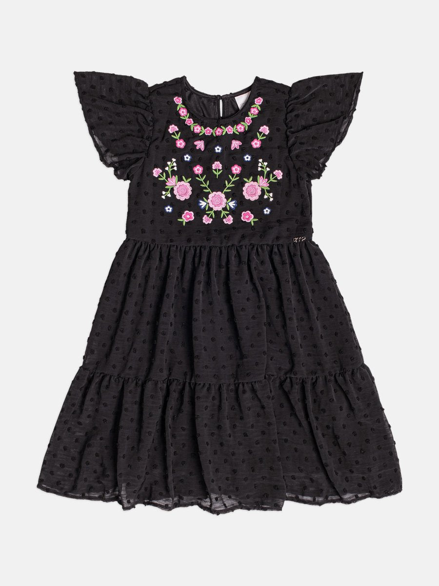 Children's Girl's Short Sleeve Dress with Flower Embroidery