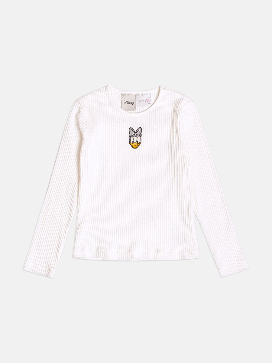 Momi Girls' Top – Off-White Ribbed Daisy Duck