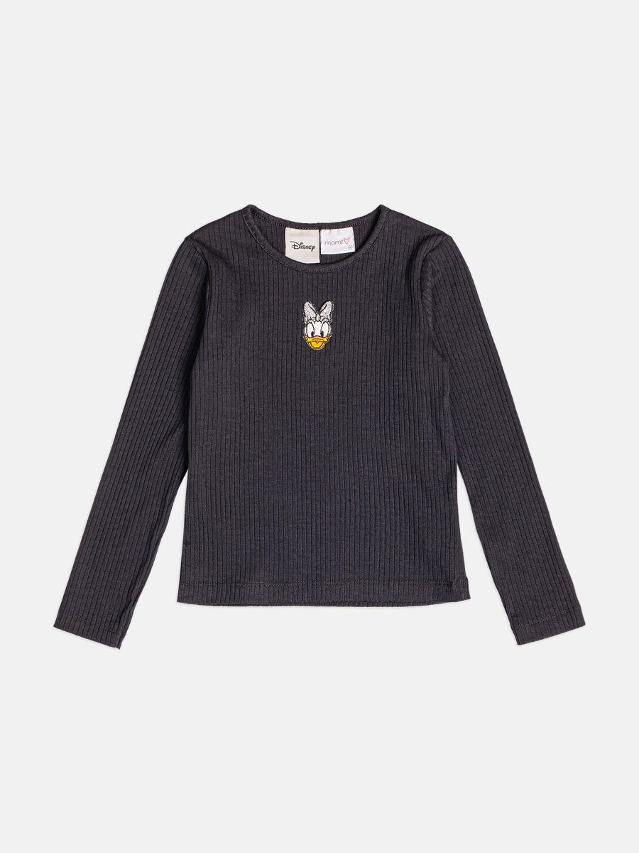 Momi Girls' Top – Black Ribbed Daisy Duck