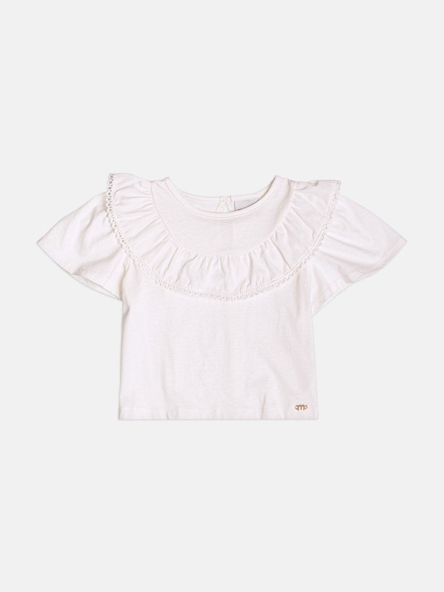 Children's Girl Off Short Sleeve Blouse with Ruffles and Lace