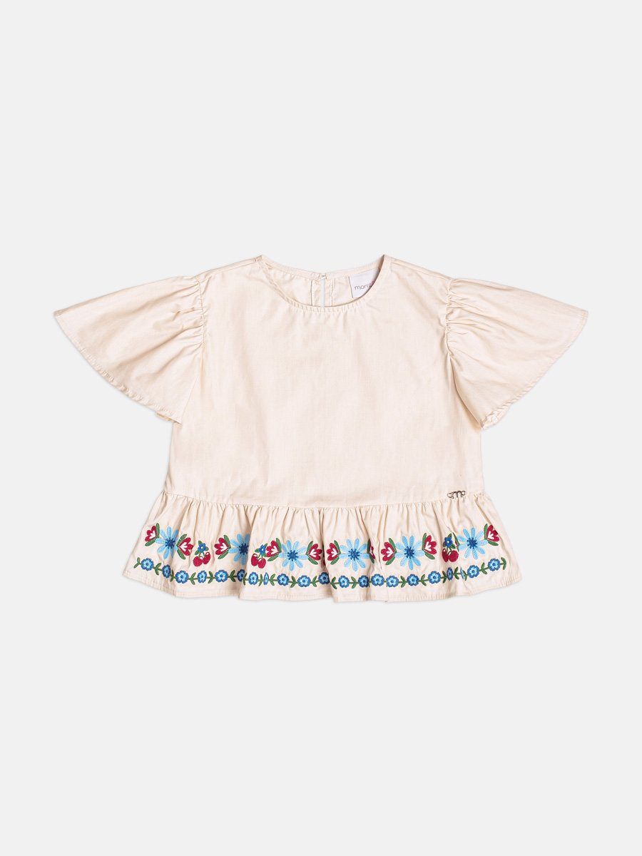Children's Girl's Short Sleeve Blouse with Flower Embroidery