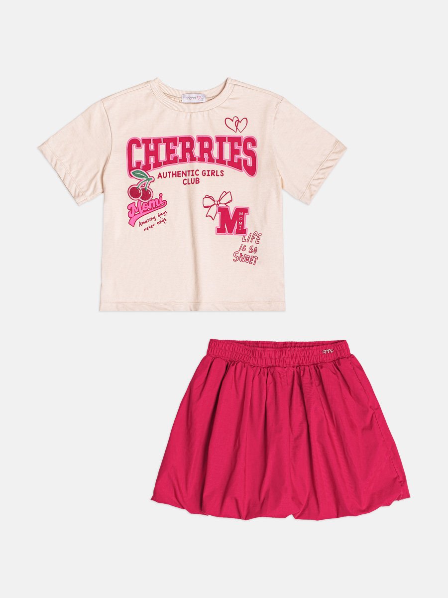 Girls Balloon Skirt Set with Cherry Patch