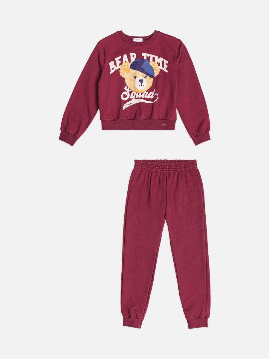 Girls Burgundy Teddy Bear Sweatsuit Set