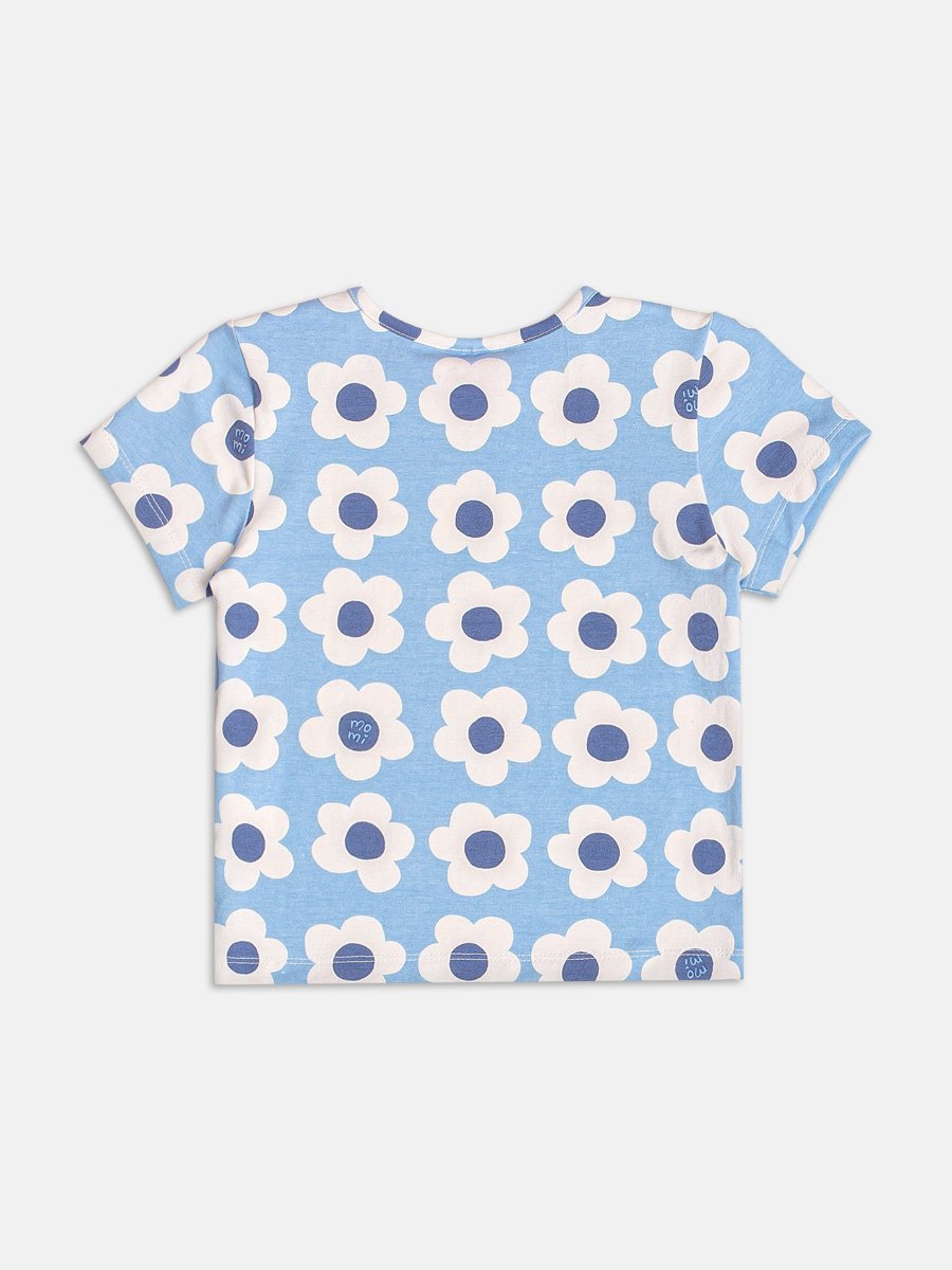 Blue Short Sleeve Blouse with Flowers
