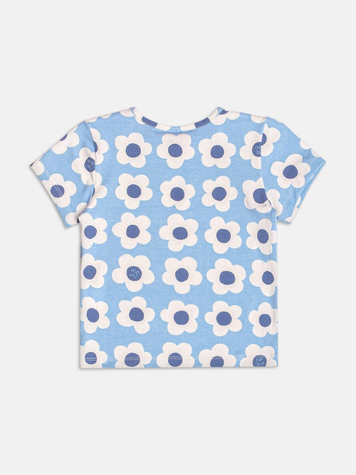 Blue Short Sleeve Blouse with Flowers