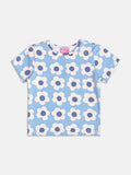 Blue Short Sleeve Blouse with Flowers