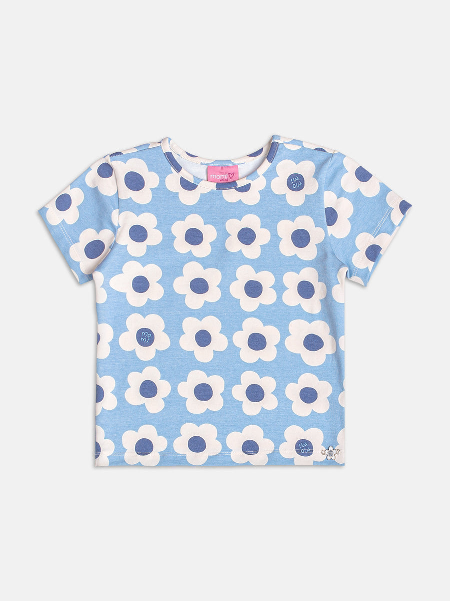 Blue Short Sleeve Blouse with Flowers