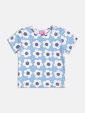 Blue Short Sleeve Blouse with Flowers