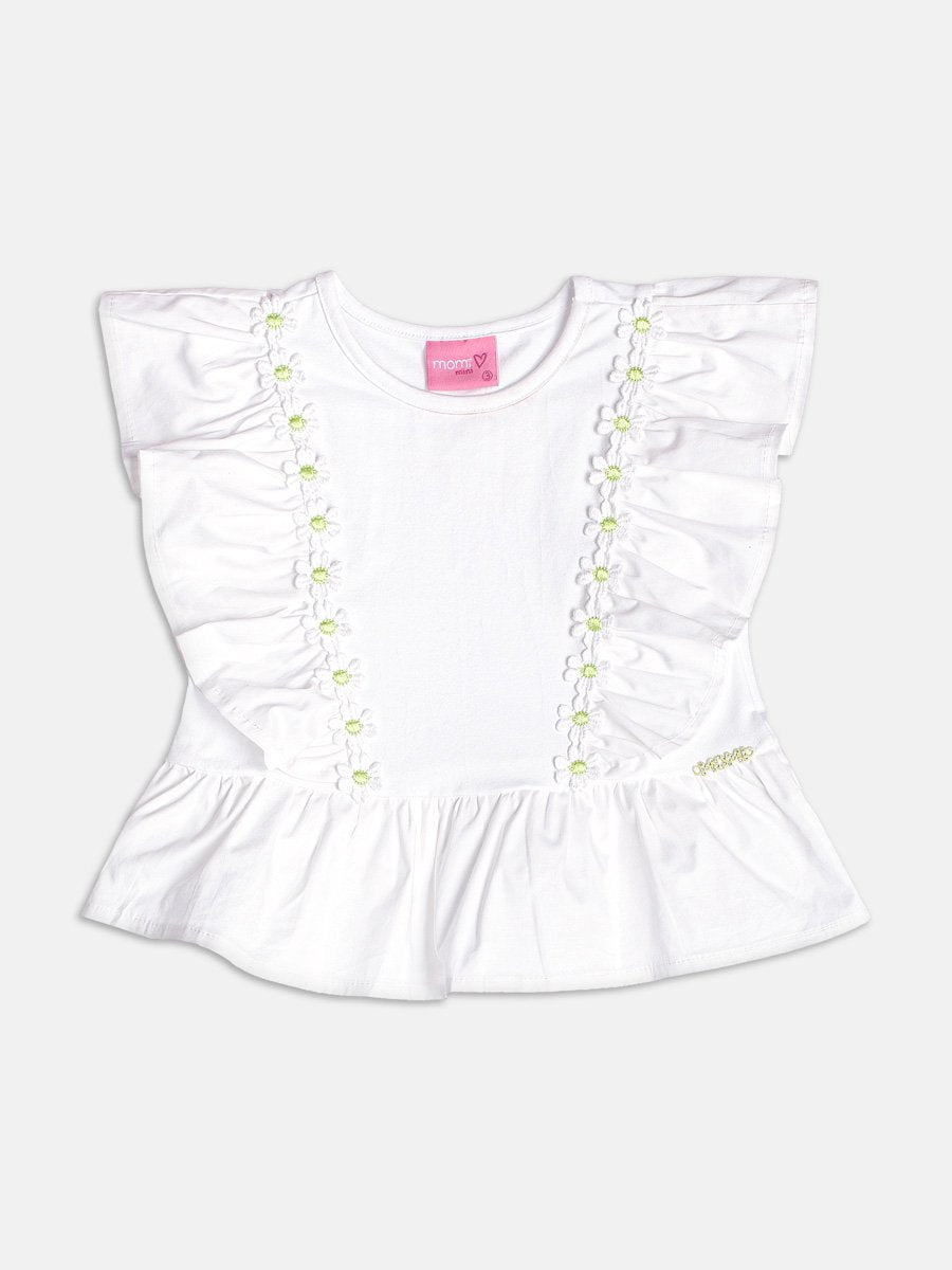 Off White Tricoline Blouse with Ruffles