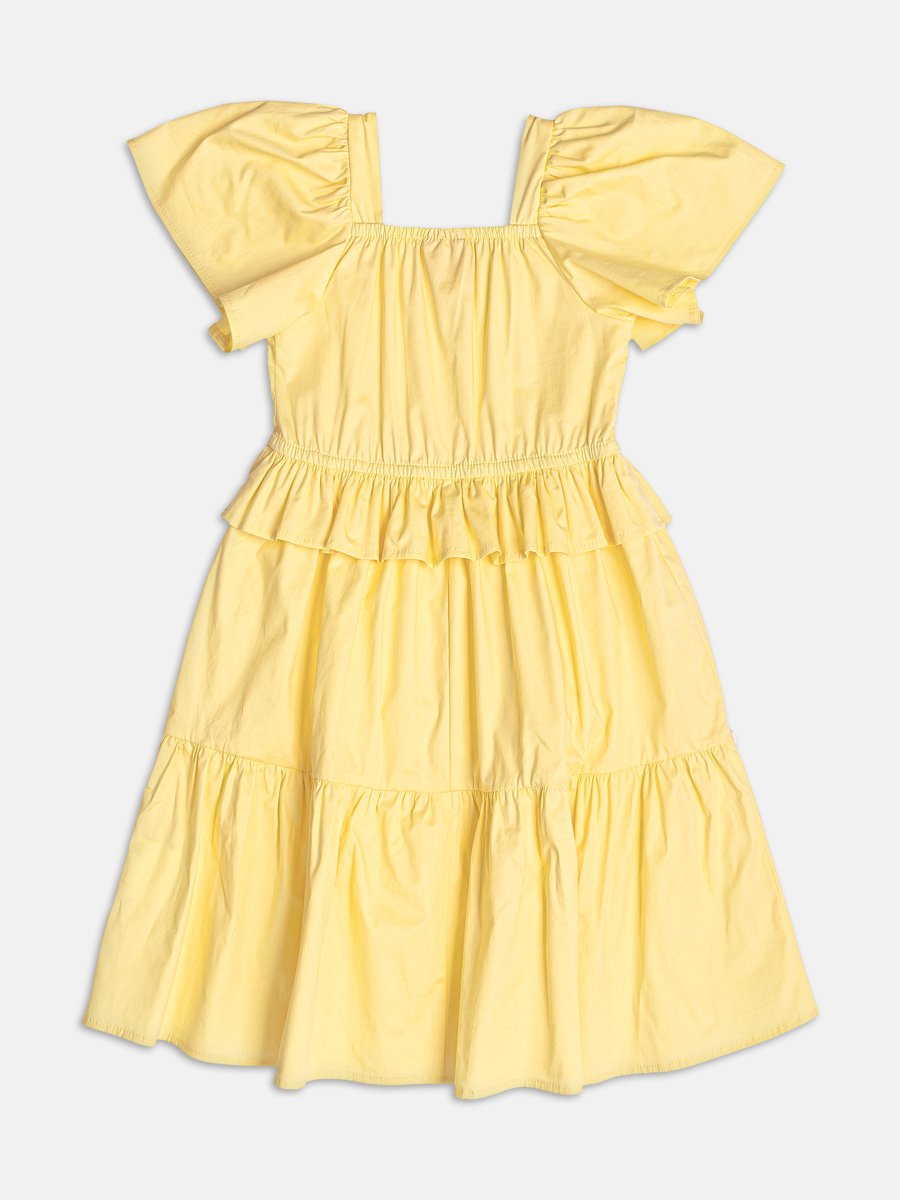 Yellow Tricoline Dress with Ruffles