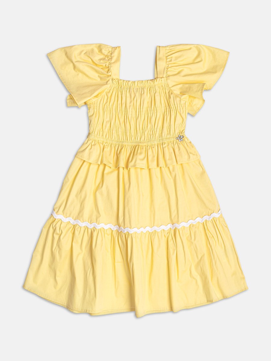 Yellow Tricoline Dress with Ruffles